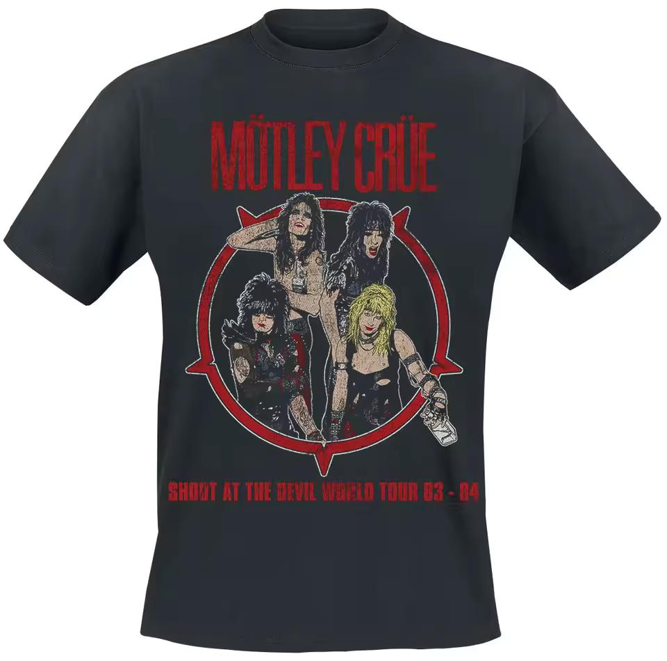 Mötley Crüe Shout At The Devil Tour Tee, Glam Rock T-Shirt with Vintage Band Photo & Tracklist Print, Band Fan Merch