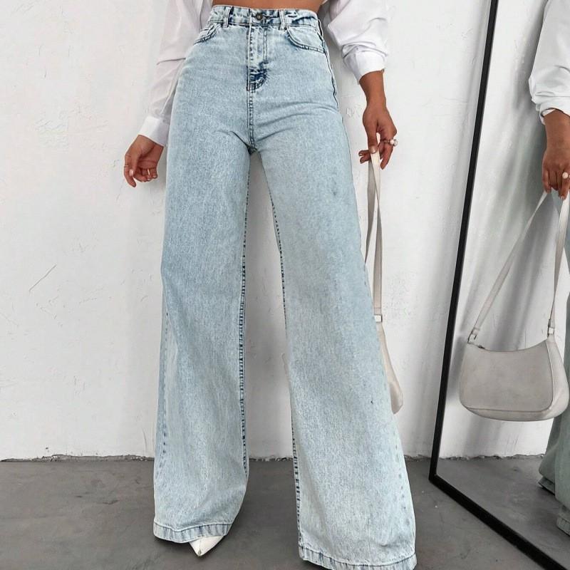 Womens High-Waisted Straight Leg Wide Fit Denim Pants Water Washed Cotton Blend Casual Office Wear