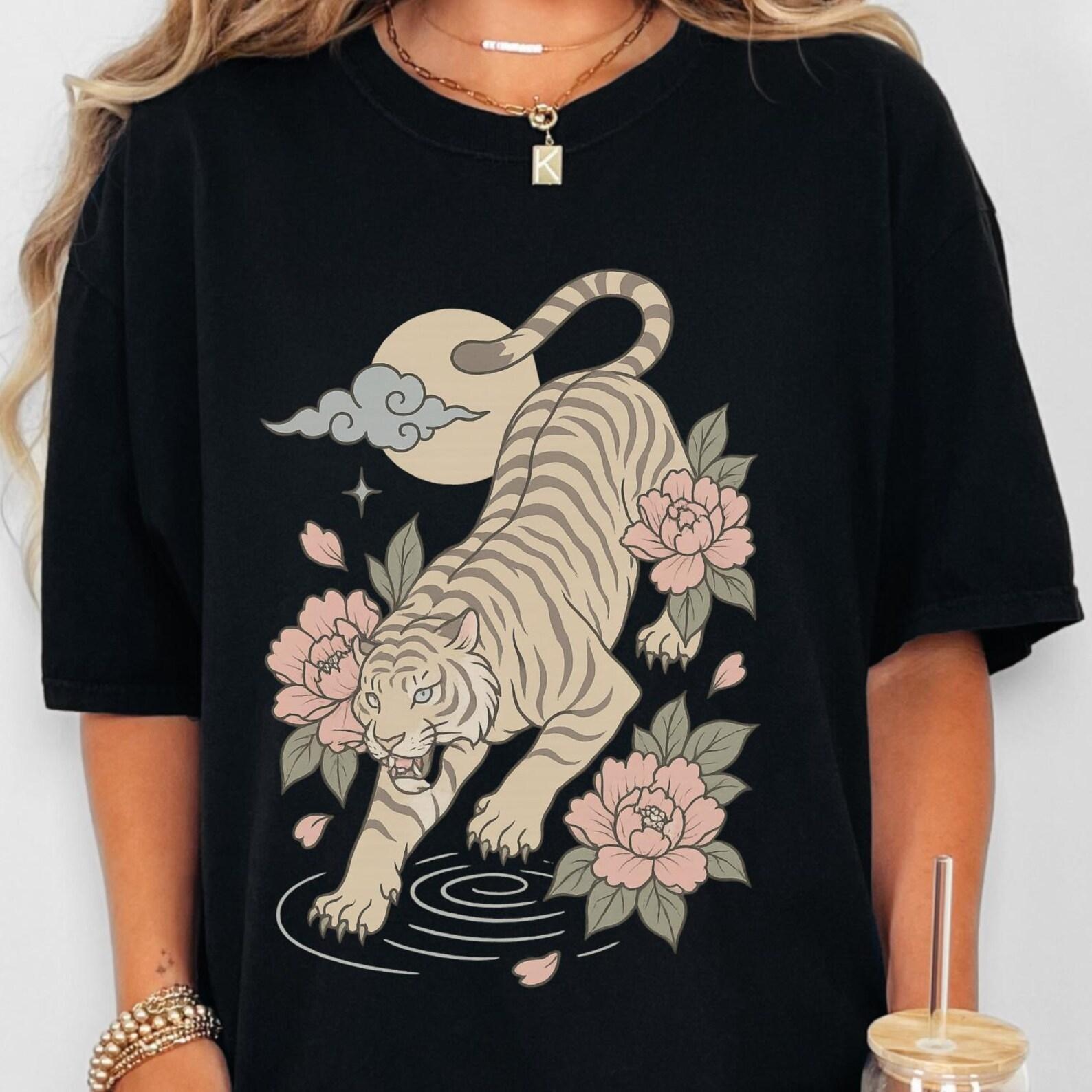 Japanese Tiger Graphic T-Shirt – Black Cotton Tee with Floral Moon 3XL