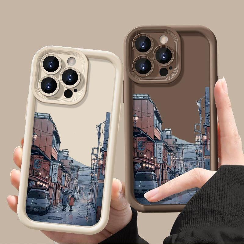 Rainy Night Streetscape Pattern Shockproof Case For iPhone 16 15 Plus 14 Pro Max 13 12 11 XS XR 8 Lens Protection TPU Soft Matte Silicone Phone Cover
