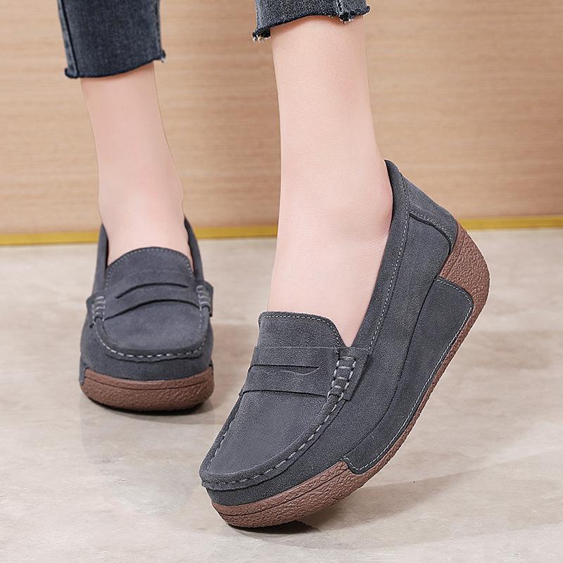 Cow Suede Women Platform Shoes Fashion Wedge Heels Elegant Ladies Casual Walking Shoes Slip-on Loafers