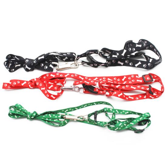 Dog Cat Harness Collar Leash Fashion Bones Paws Print Safety Traction Rope