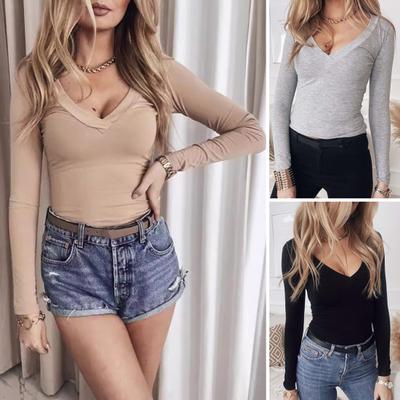 Women T-shirt V-Neck Long Sleeve Slim Fit Tee Shirt Solid Color Soft Stretchy