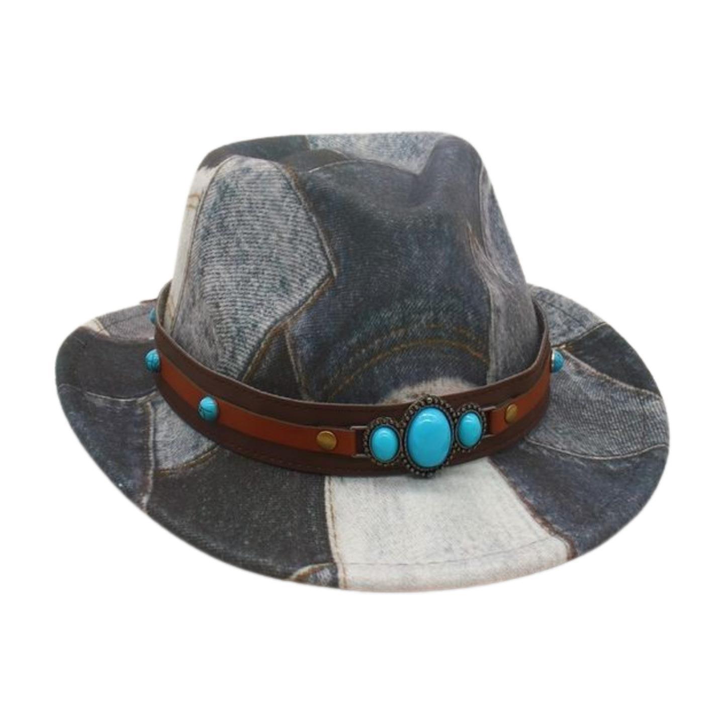 

Children S Travel Vacation Sunscreen Hat Retro Denim Splicing Top Hat Ethnic Style High-End Jazz Hat Children s code [heart top]