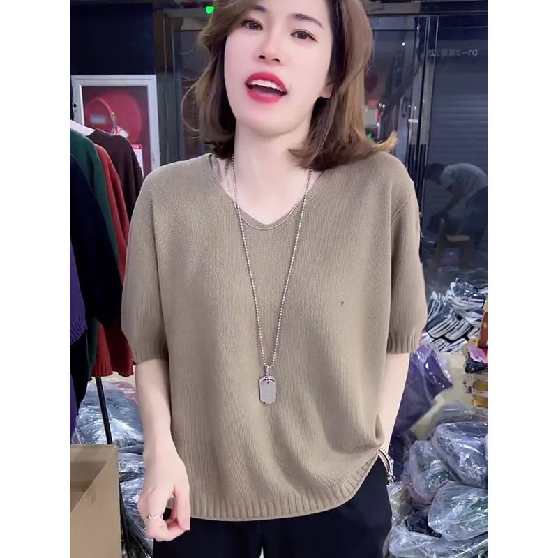 

Summer Pure Color Short Sleeve Knitwear Women s Loose Elbow-Sleeve Half-Sleeve Mom s Western Style Small Shirt Elegant V-neck Tops Milk Tea All yards