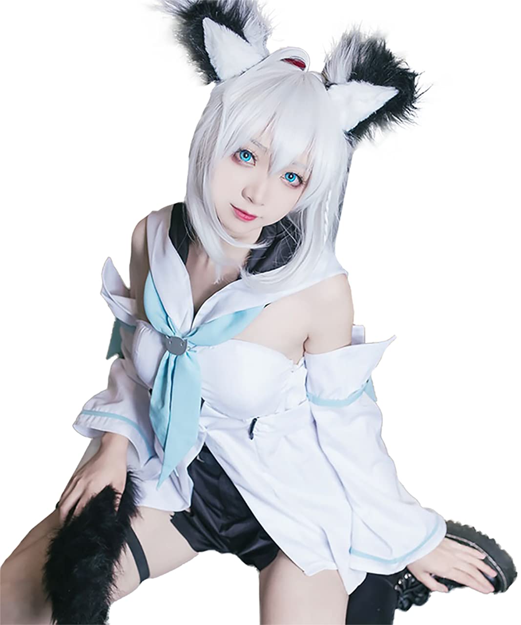 

[Milky Time] Shirakami Fubuki Cosplay Costume with Tail and Ears, Hololive Halloween VTuber (Costume)