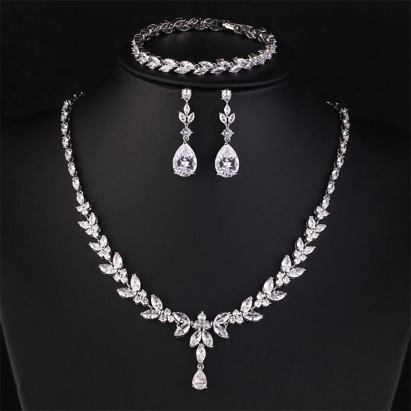 ZAKOL Luxury Cubic Zirconia Necklace Earrings Rings Set for Women Shinny Water Drop Leaf CZ Bridal Wedding Jewelry Sets