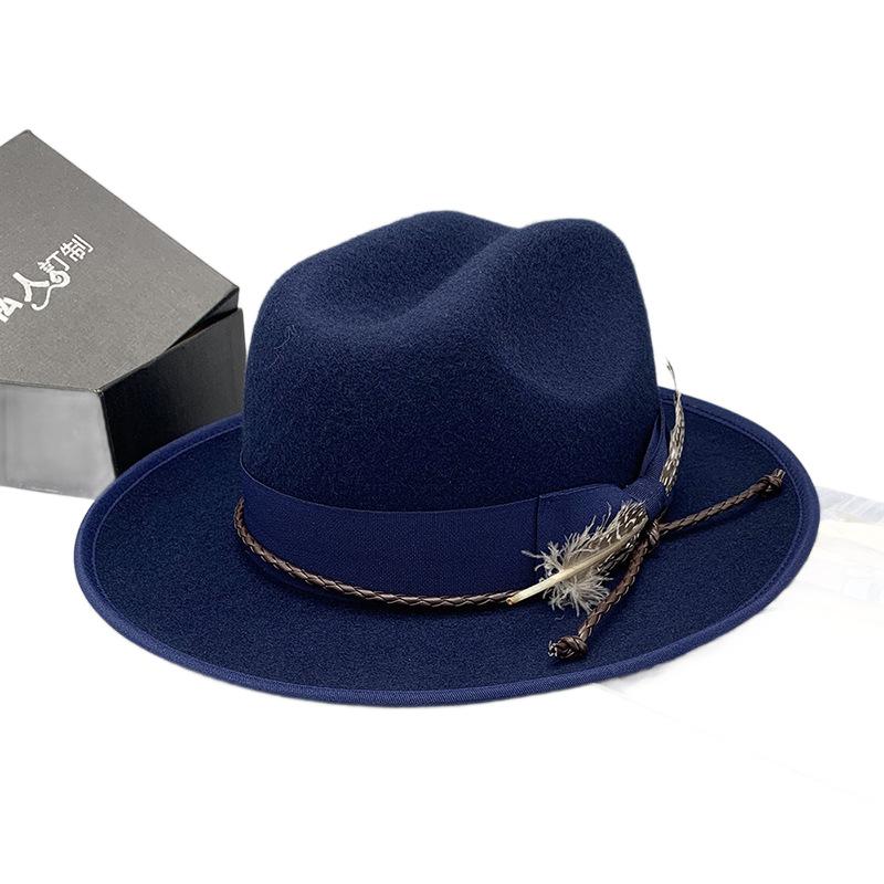 Vintage Woolen Top Hat Men'S And Women'S Wide-Brimmed Jazz Hat British Style Feather Decorative Versatile Hat