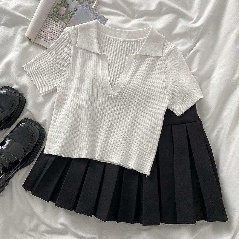 Salt-Style Summer Two-Piece: Knit Top & High-Waisted Pleated Skirt Set for Students