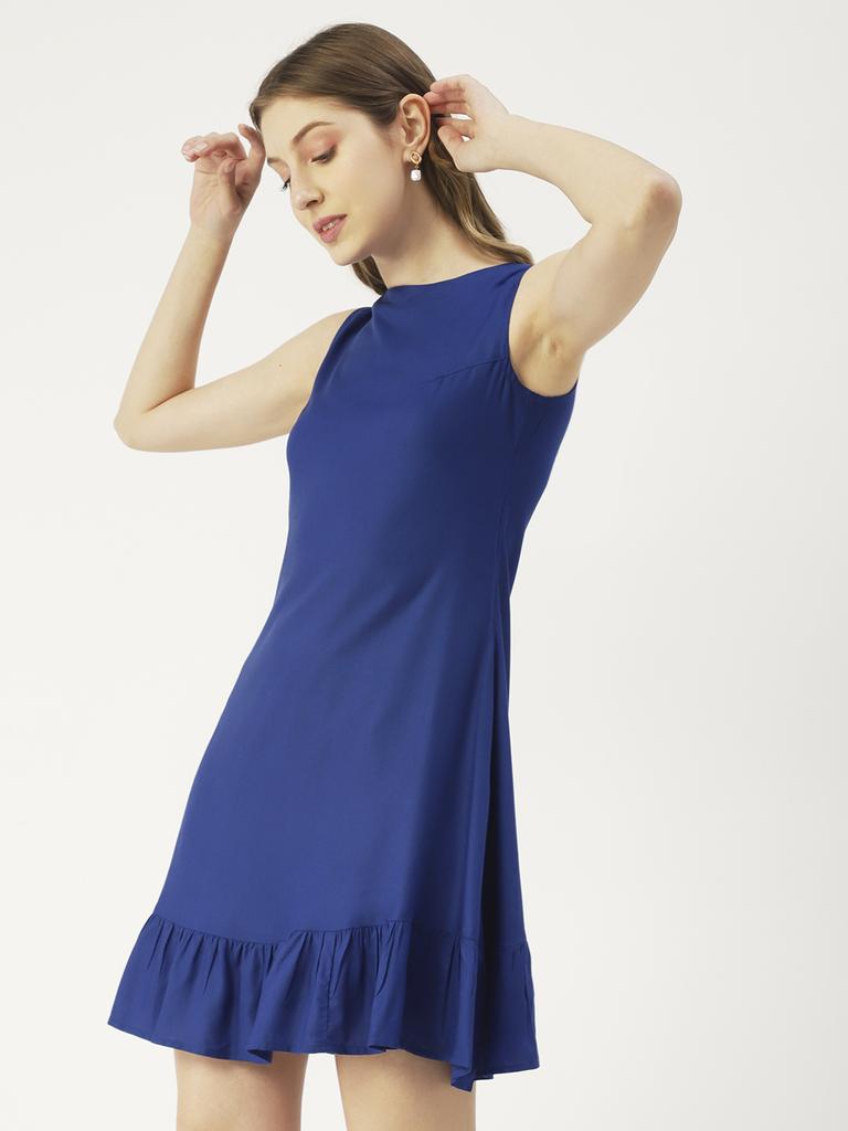 Moomaya Women  S Printed Short Dress, Sleeveless Frilled Hem Round Neck Mini