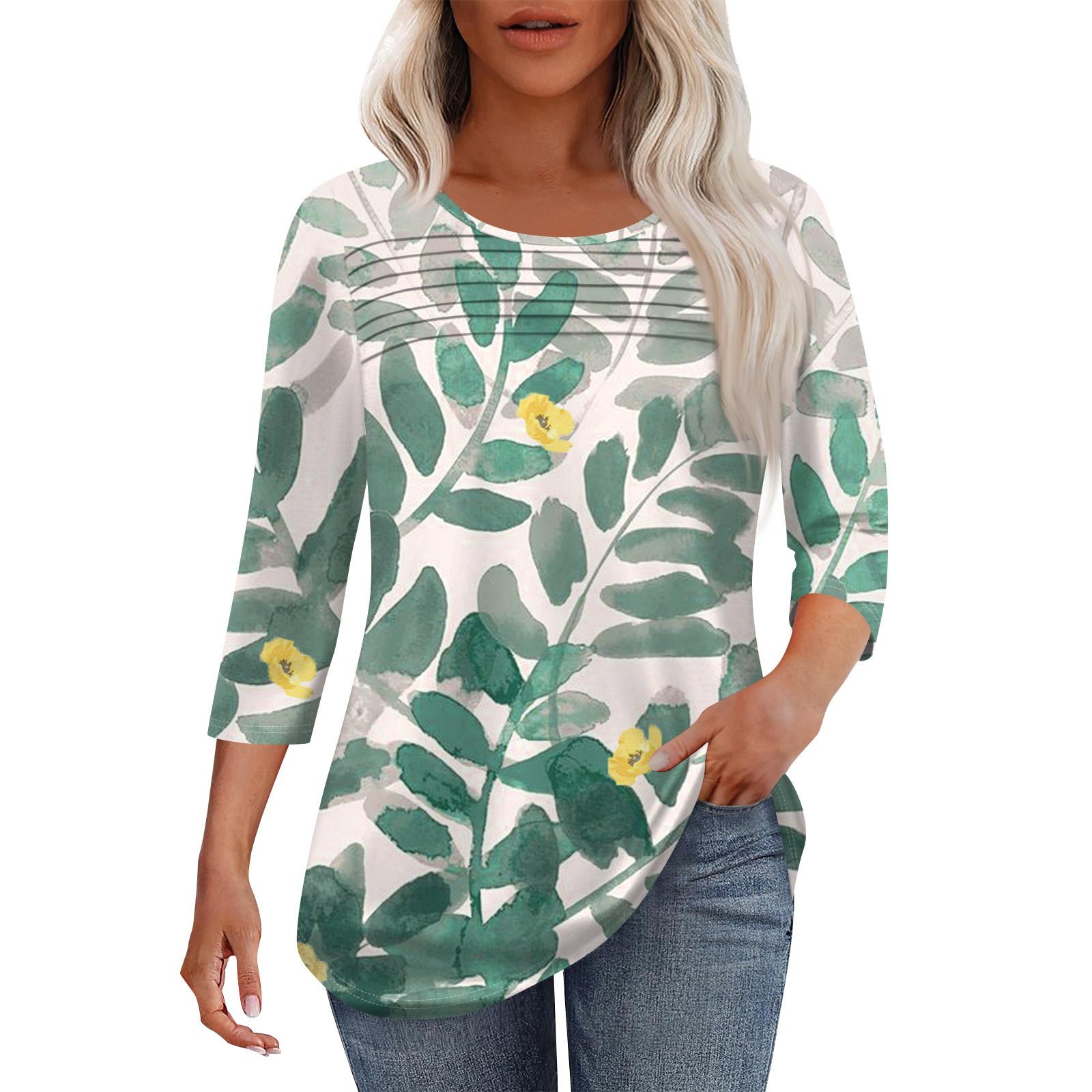 

Женская мода круглый вырез шея плиссированная передняя планка однотонный топ рукав 3/4 L