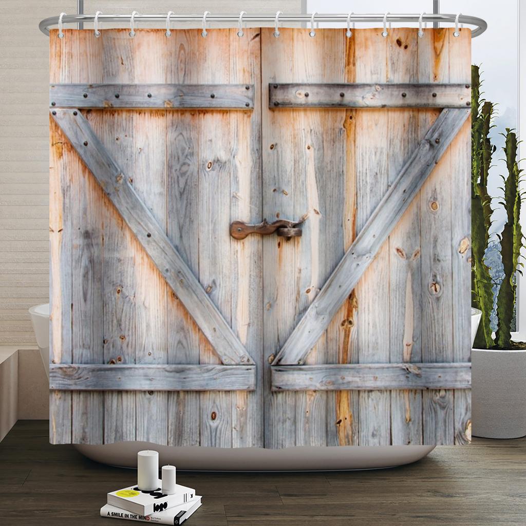 Retro Wood Door Shower Curtain Farmhouse Country Vintage Farm Barn Wooden Waterproof Polyester Shower Curtain for Bathroom Decor