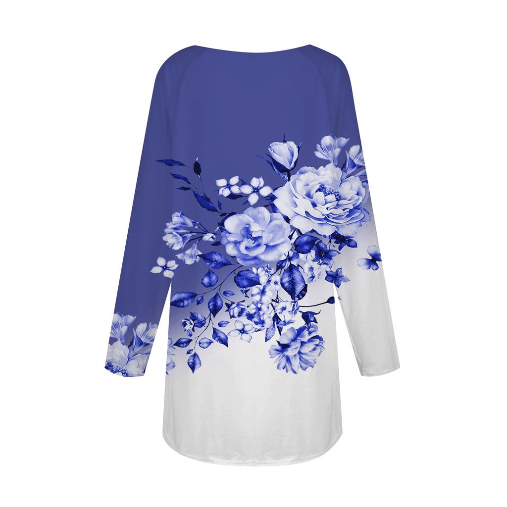 Women's Casual  Plus SizeLong Sleeved Round Neck Retro Flower Printing T-shirt Top Pullover