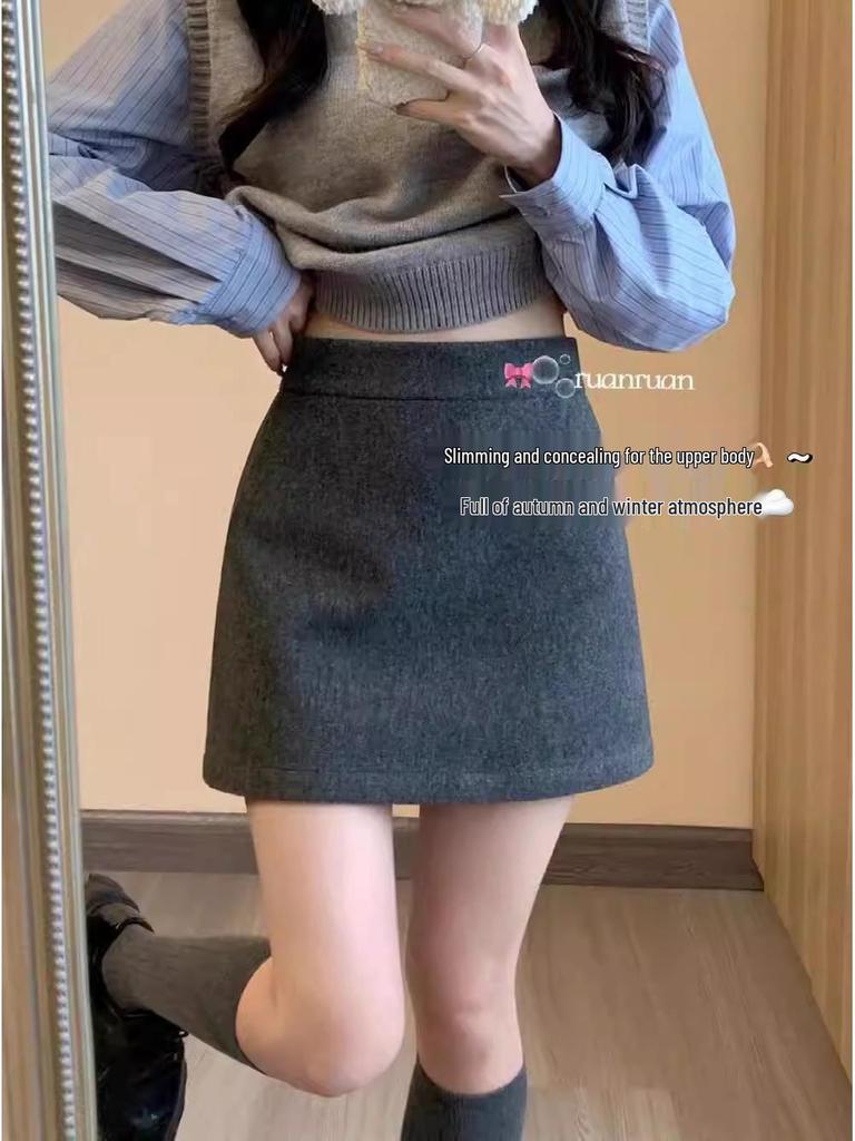 Women's High Waist Gray Wool Blend A-line Skirt - Petite Plus, Autumn/Winter 2026 Collection, Elastic Hip Wrap, Short Length