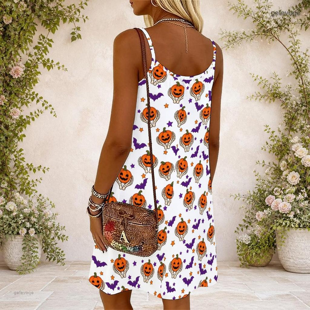 Women Plus Size Scoop Neck Thin Straps Sleeveless Loose Fit Halloween Pumpkin Printed White Dress