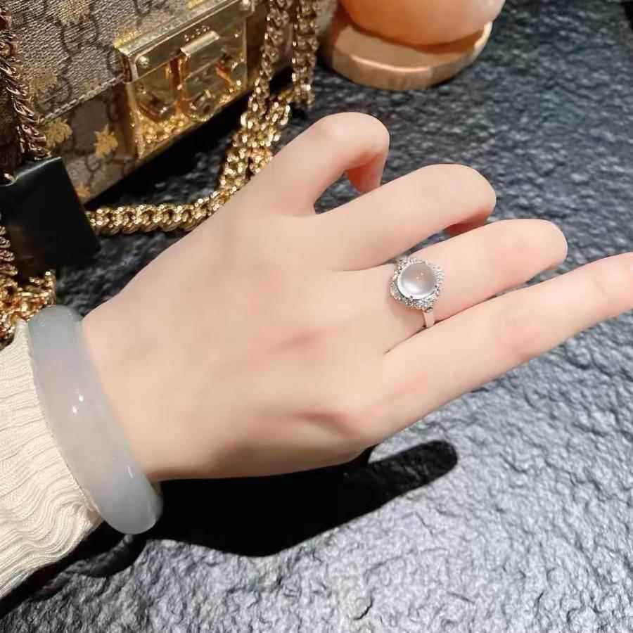White Ice Chalcedony Cabochon Ring: Adjustable, Natural Fluorescent, Versatile, Simple Design for Women