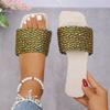 Large Size Colored Woven Slippers Women's Summer New Square Head Flat Bottom One Word Casual Beach Cool Slippers