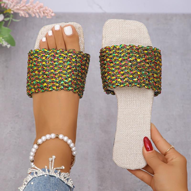 Large Size Colored Woven Slippers Women's Summer New Square Head Flat Bottom One Word Casual Beach Cool Slippers