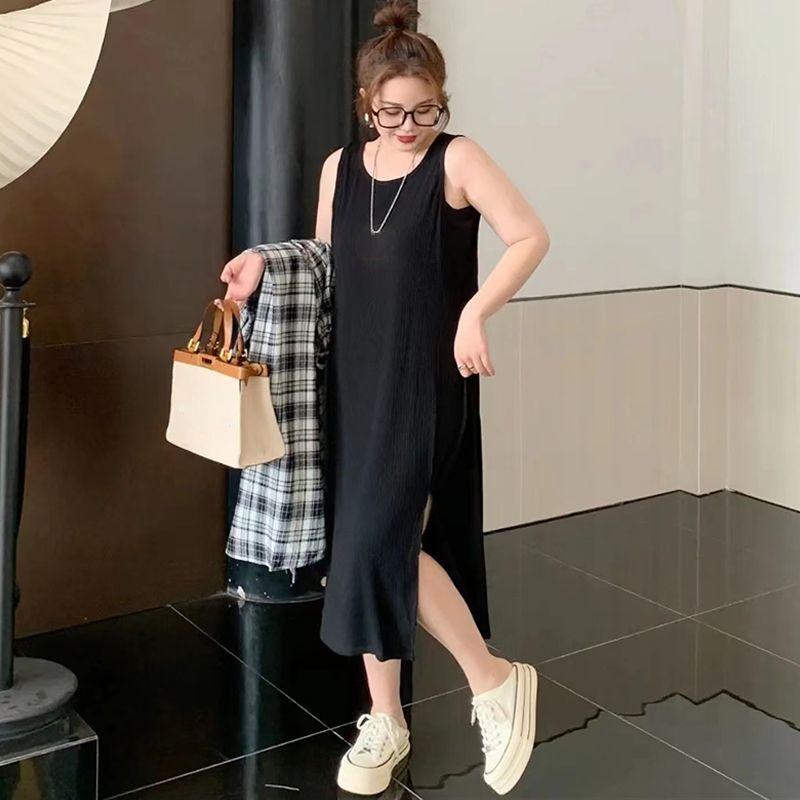 

Женские платья Повседневный и универсальный нишевый дизайн, закрывающий живот Тонкое открытое платье-майка больших размеров 4XL чёрный