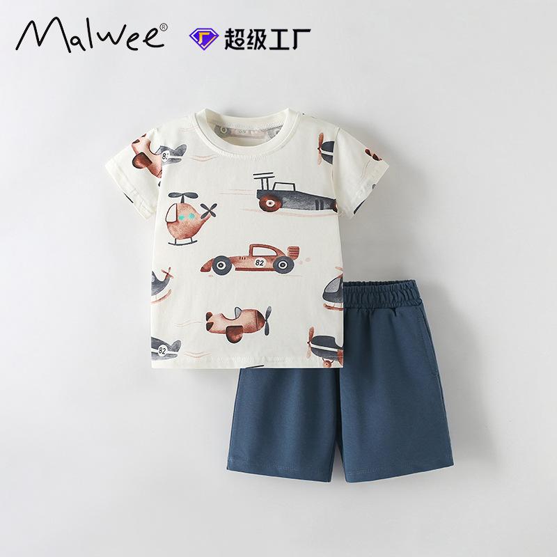 Boys Two-piece Cartoon Printed Children s Round Neck Short Sleeved and Casual Shorts Set 100