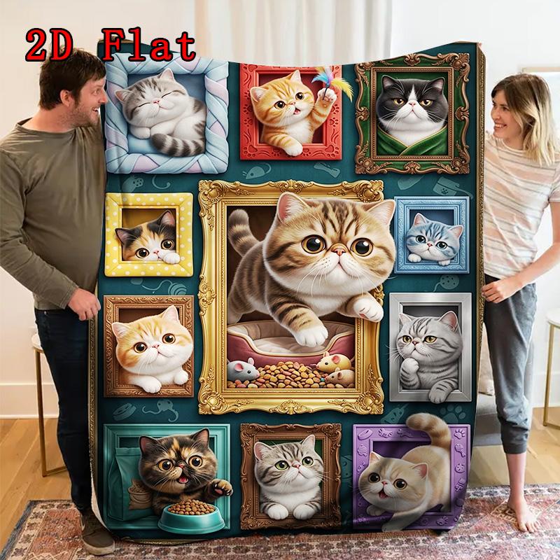 Cat Portraits 2D Flat Pattern Flannel Blanket, High quality All Seasons, Home Decor, Warmth and Comfort, Perfect for Christmas Gifts.