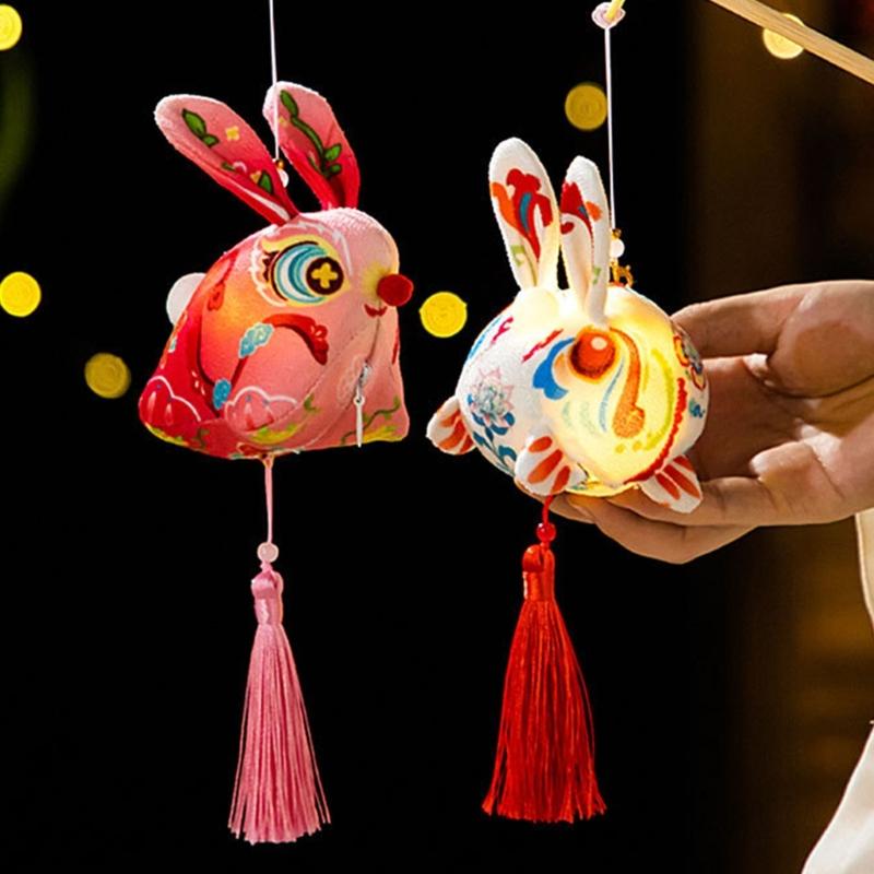 Handmade Fabric Rabbit Lamp Making Supplies Traditional Style Design With Glowing LED For Party Decoration
