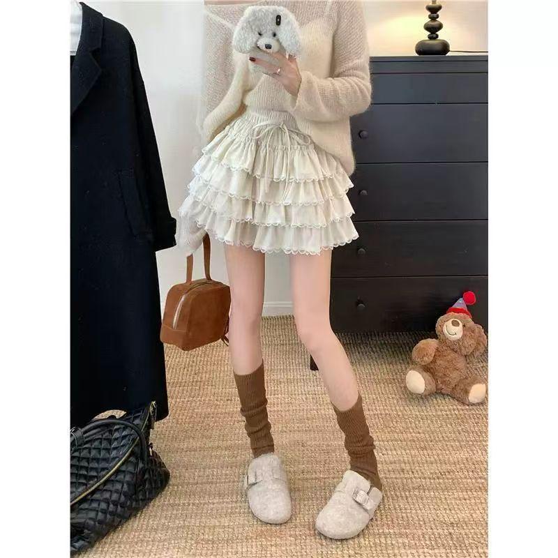 2026 Spring/Autumn Korean Lace-Trim High-Waist Slimming Short Ballet Skirt for Women