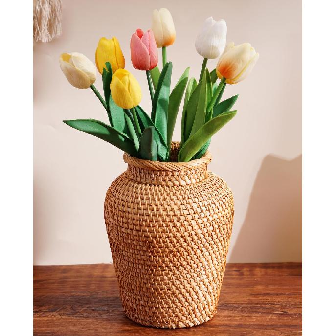 Rattan Vase, Braided Boho Vases for Pampas Grass & Flower Arrangement, Hand Woven Decorative Vases for Home Decor, Rustic Farmhouse Round Wicker Vase