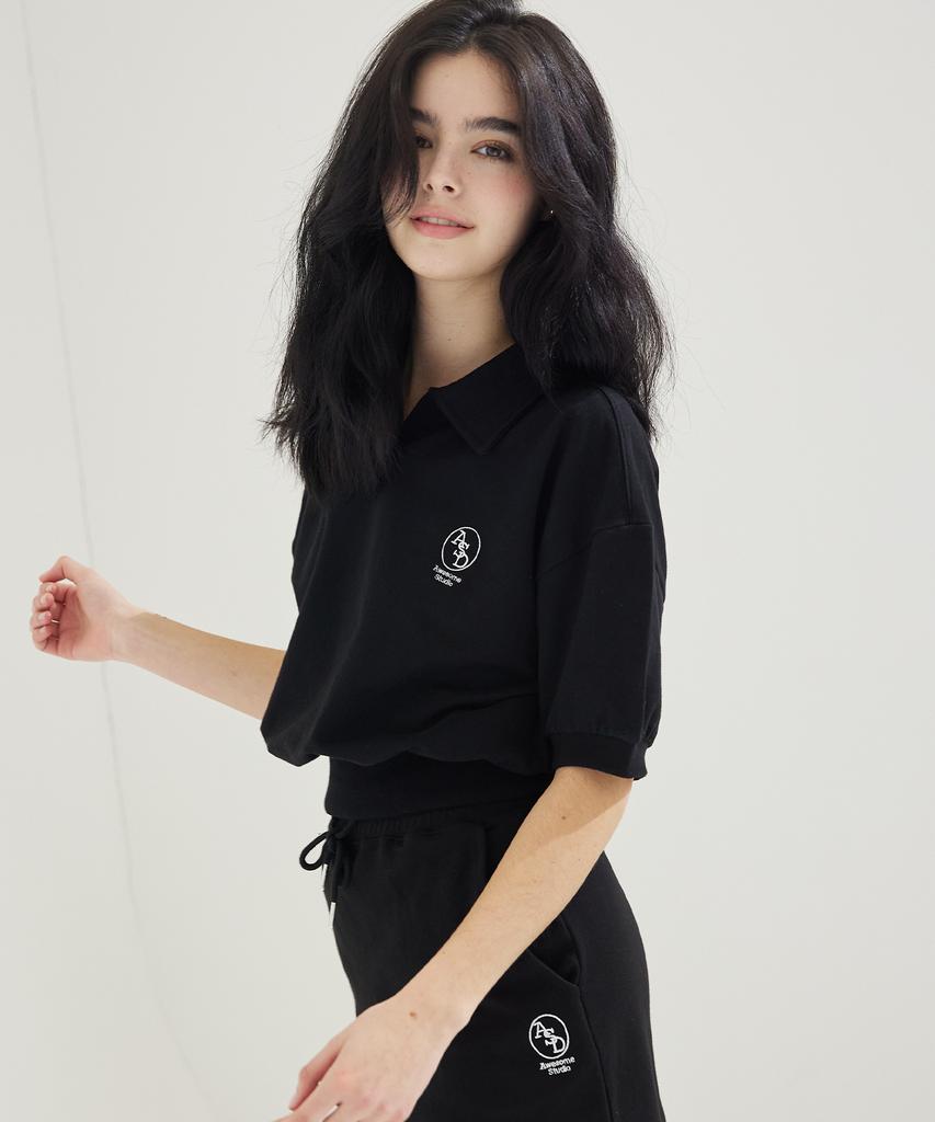AWESOME STUDIO Collared Crop Short Sleeve Tee Black