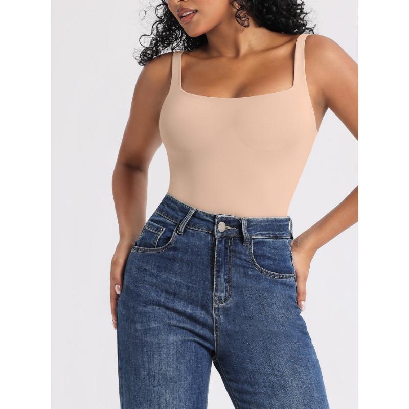 Women High Waist Double Layer Tummy Control U Back Solid Bodysuit