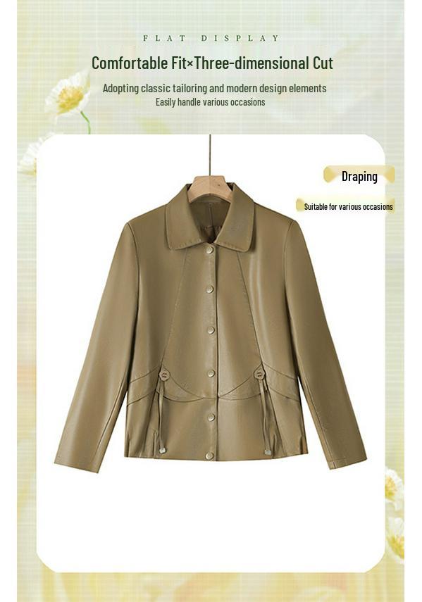 Stilvolle Faltenreduzierende Damen-Lederjacke mit kurzem Revers für Frühling und Herbst