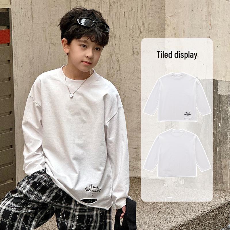 2025 Koreanische Frühjahrskollektion: Jungen Besticktes Lockeres Langarm-T-Shirt mit Ausschnitten