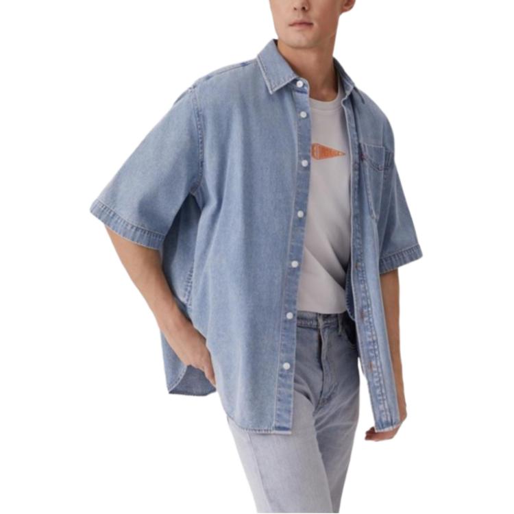 Levis Cool Series Loose Comfortable Versatile Polo Denim Short Sleeve Shirt Men Shirts Blue 002WR-0001