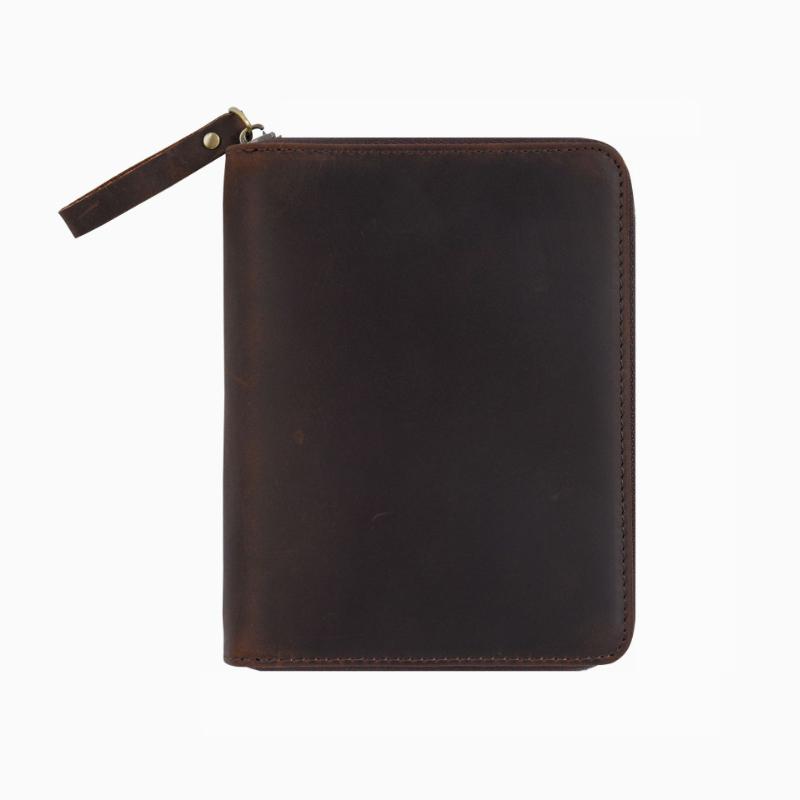 2026 First Layer Grained Cowhide Zipper Pencil Bag Retro Mad Horse Leather Zipper Stationery Bag A6 Book Bill Bag Storage