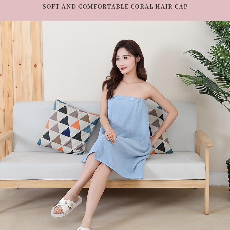 Coral Fleece Bath Skirt Strapless Bow Elastic and Wearable Towel Dry Hair Cap Absorbent