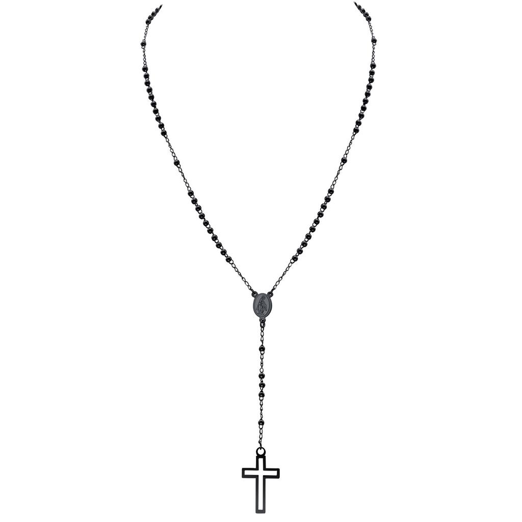 Damen Kreuz Rosenkranz Halskette, Maria mit Kreuz Anhänger, Schwarz Gold Farbe Edelstahl Christus Jesus Gebet Kirche Schmuck