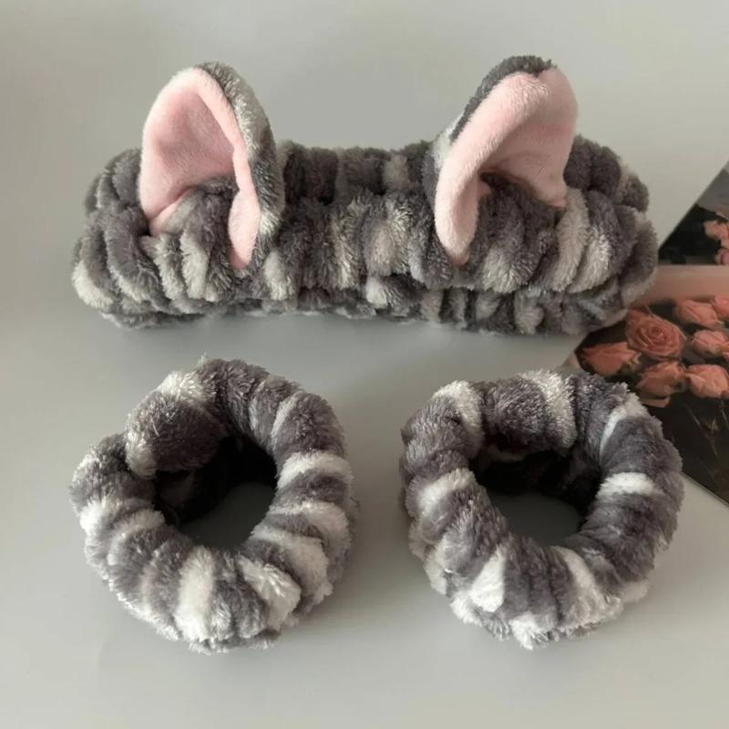 3-teiliges Niedliches Katzenohr Leopardenmuster Plüsch Stirnband Geeignet für Mädchen Spa, Gesichtswaschen und Make-up Stirnband Elastisches Armband