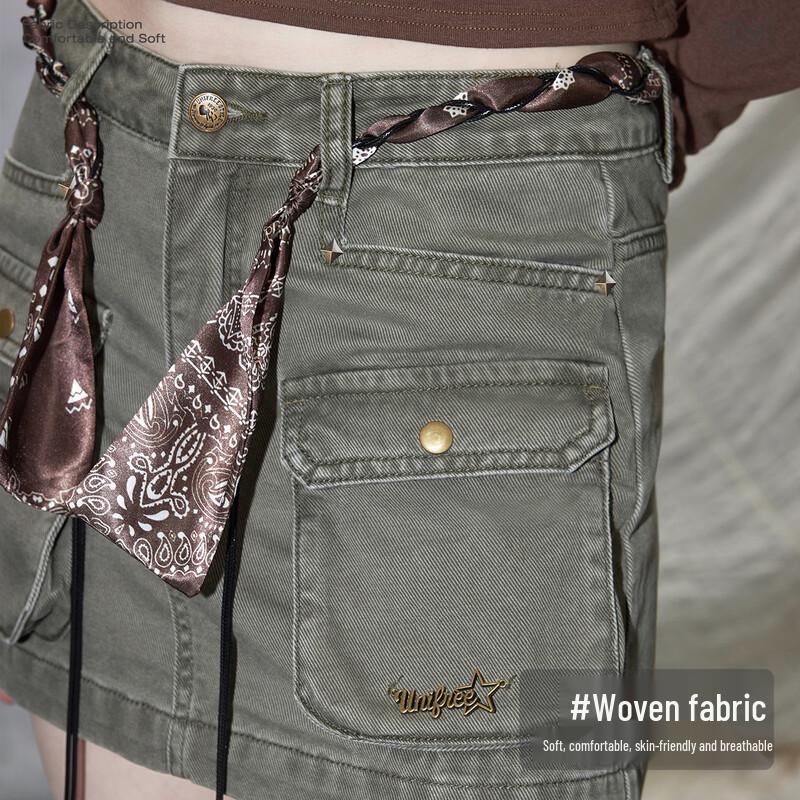 UNIFREE Retro Workwear Multi-Pocket Washed A-Line Skirt
