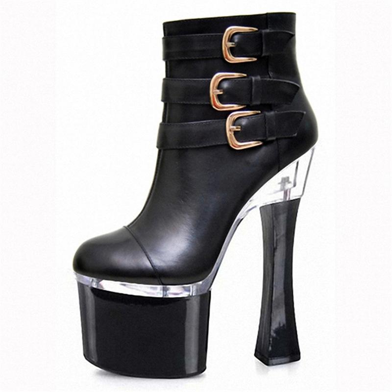 

Весенне-осенняя мода низкие цилиндрические сапоги с круглой пряжкой, короткие сапоги с клеевой подошвой, круглые сапоги, черные водонепроницаемые, на ультравысоком каблуке, 20 см 46