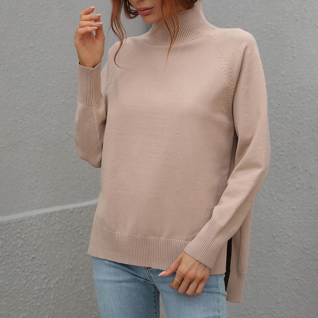 Dámský módní jednobarevný svetr s polovičním vysokým límcem, rozparkem dole a raglánovými dlouhými rukávy