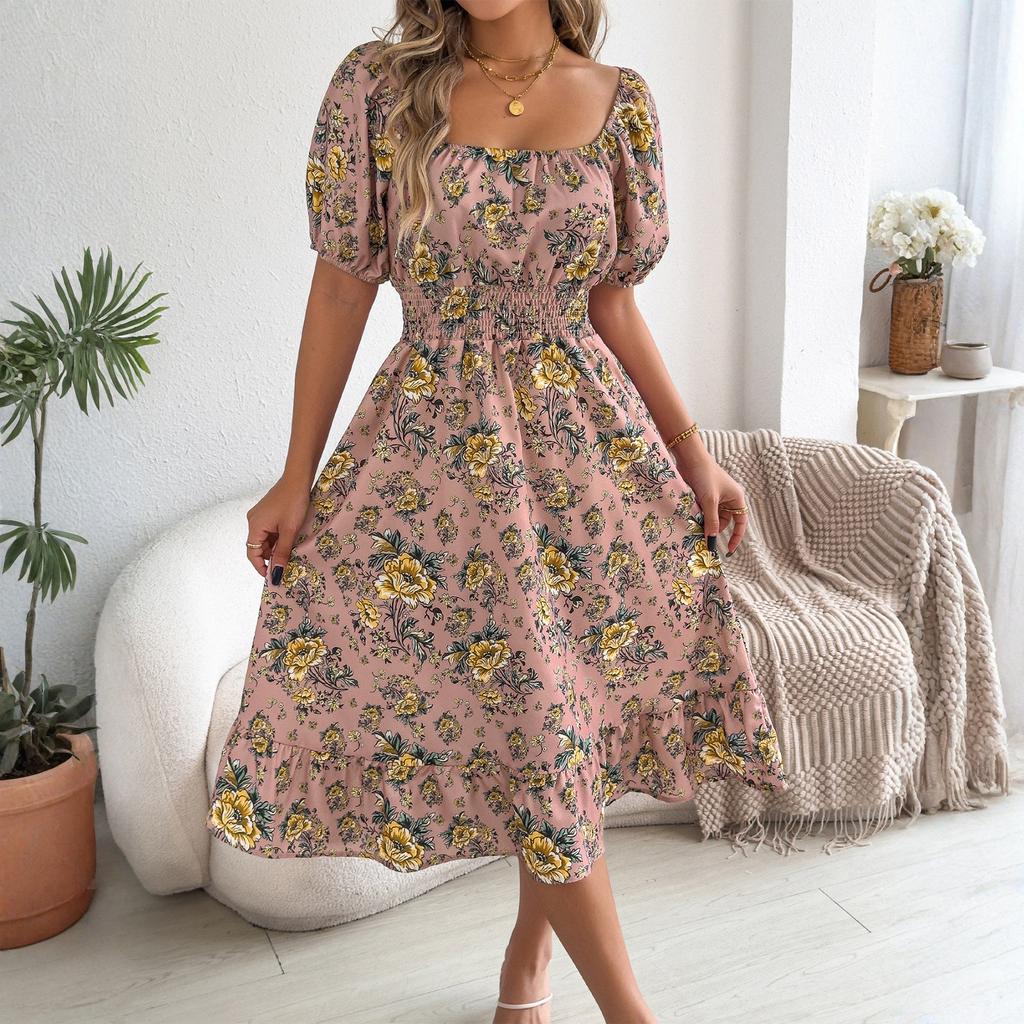 Women's Fashionable Floral Print Off Shoulder Short Sleeved Ruffle Edge Holiday Beach Loose Dress