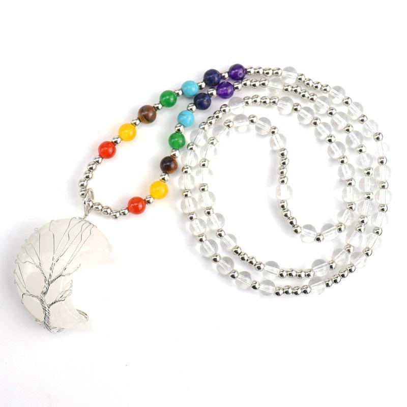 New Gold Plated Copper Wire-wrapped Moon Natural Stone Lucky Tree Necklace Colorful Bead Sweater Chain N563