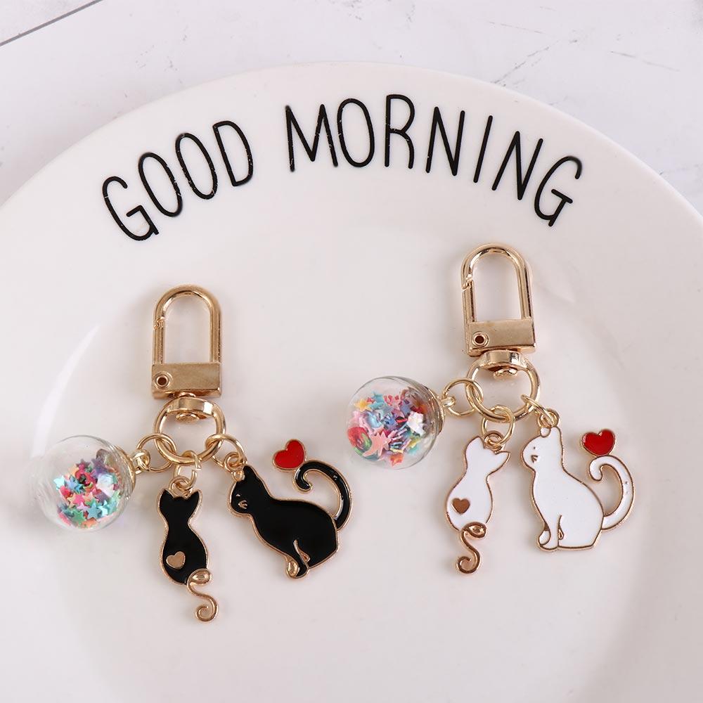 Pendants Cat Metal Key Ring Jewelry Cat Couple Keychain Cartoon Enamel Keychain  Headphone Cover