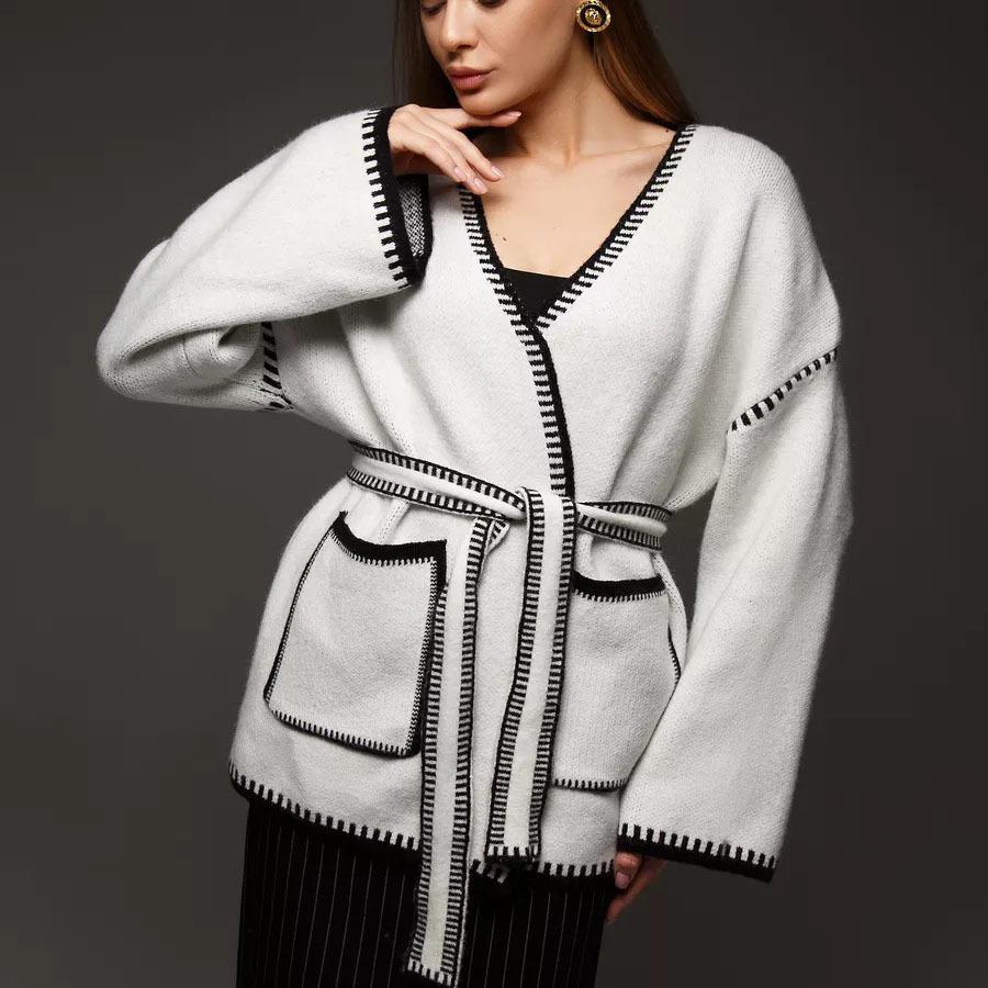 

Belted Knitted Cardigan Loose Contrast Mid-Long Sweater S