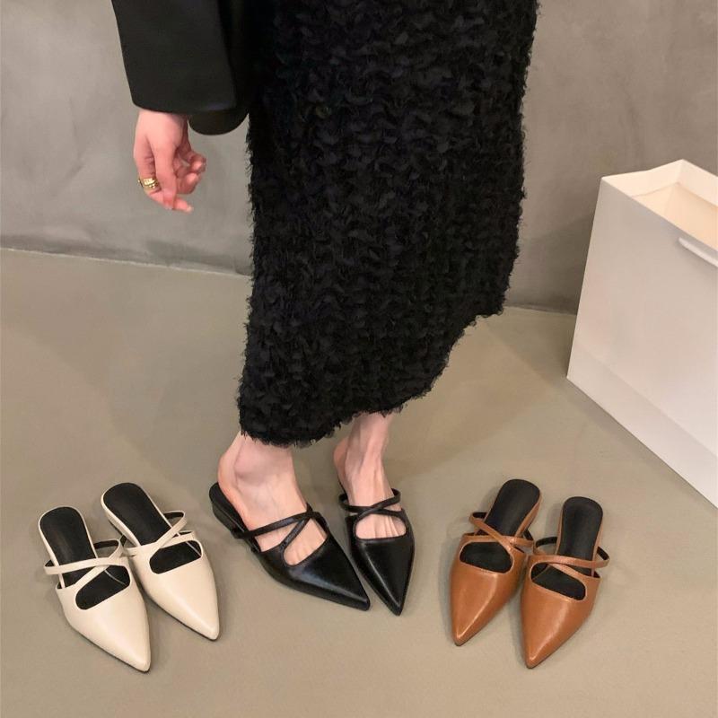 Fashion Women's Sandals Summer 2025 Pointed Toe Ladies Flat Sandals Retro Casual Leather Slides Plus Size 35-40 Mules Female Footwear