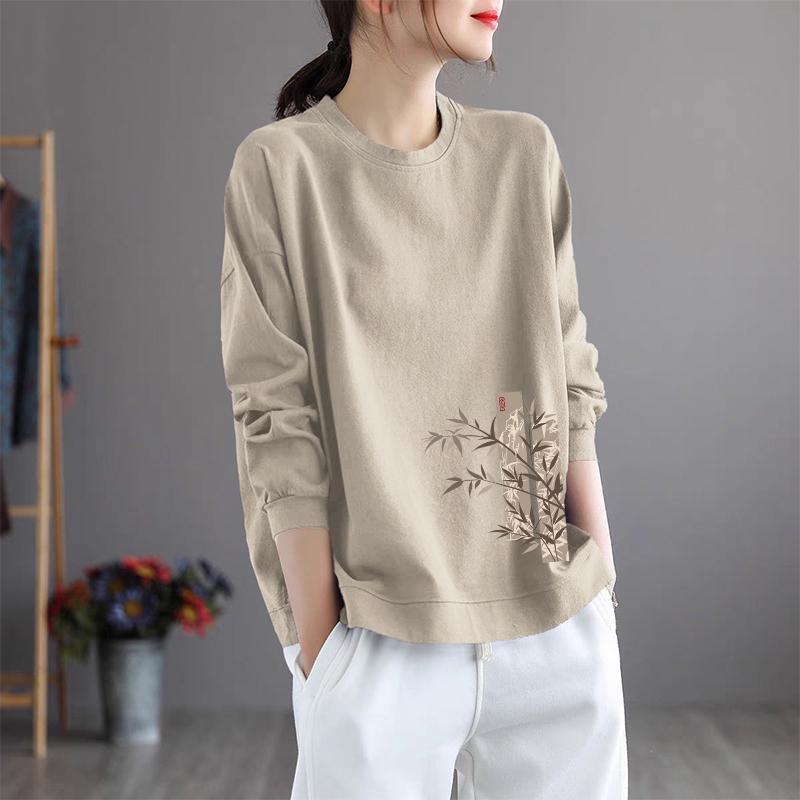 Brand Women's Plus Size Long Sleeve Printed Cotton Top – Round Neck, Casual Style