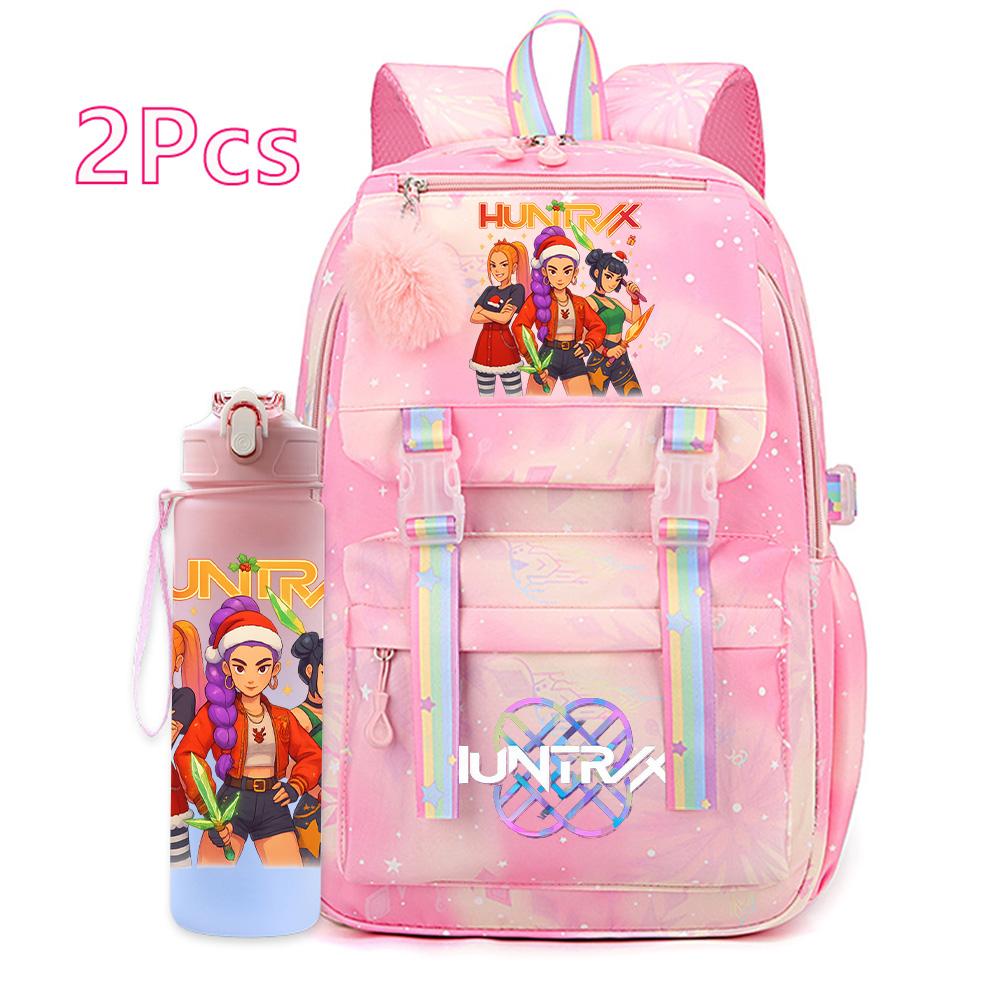 2Pcs/set Christmas K-pop Printed Backpack with 750Ml Water Bottler Large Capacity Travel Bag for Teenager Girl Boy Waterproof Bookbag Kid Gift Rucksak