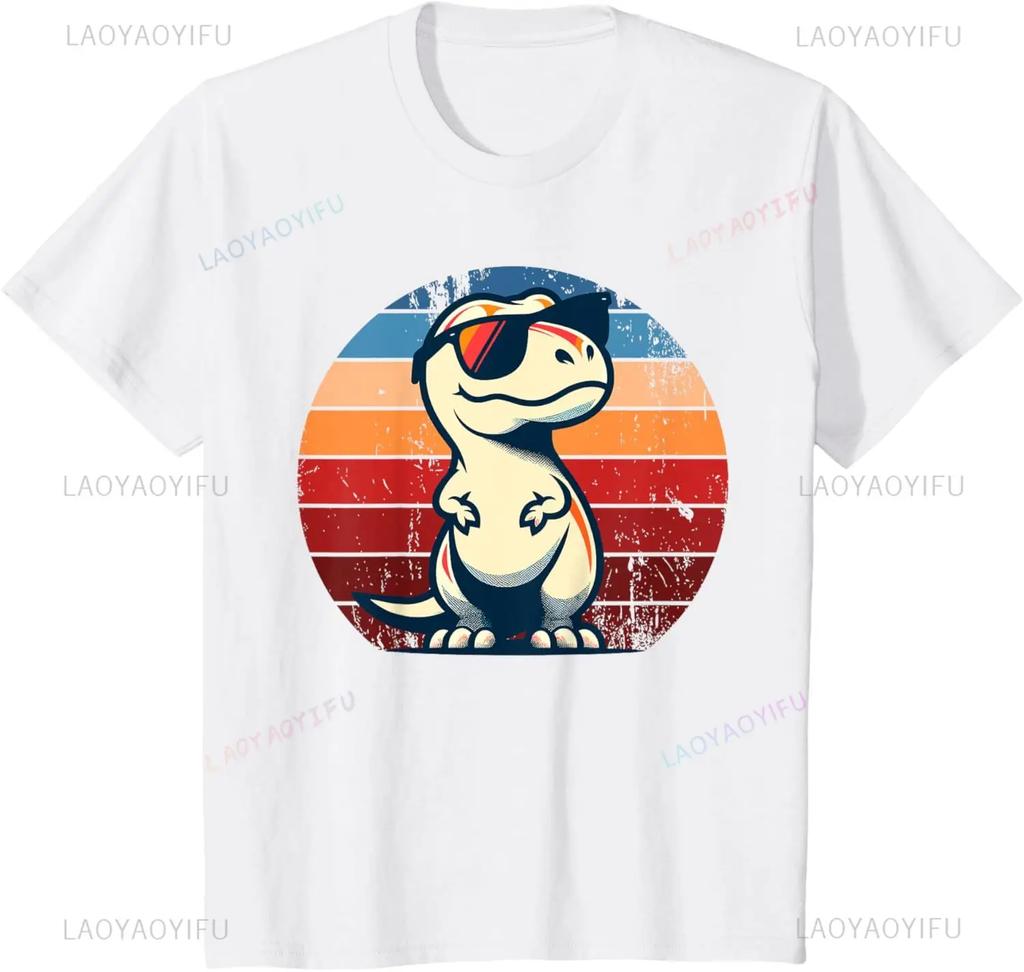 Men's Dinosaur and Tyrannosaurus Rex Pattern Printed 100% Pure Cotton Short-sleeved T-shirt, Retro and Nostalgic Harajuku Top