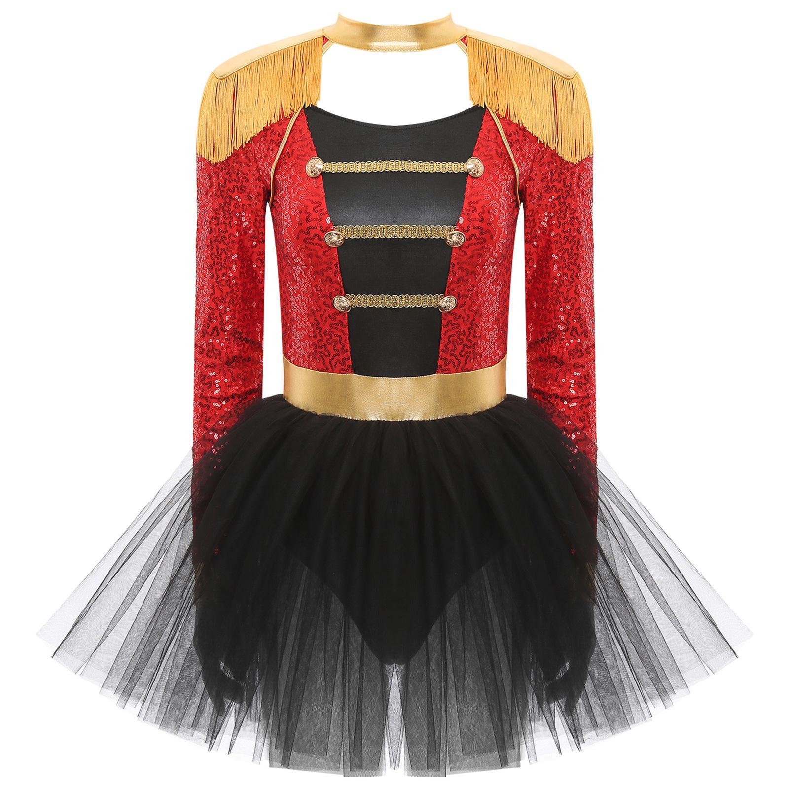 

Womens Circus Ringmaster Dress Long Sleeve Tassel Shoulder Boards Shiny Sequins Skirted Bodysuit Halloween Costume S