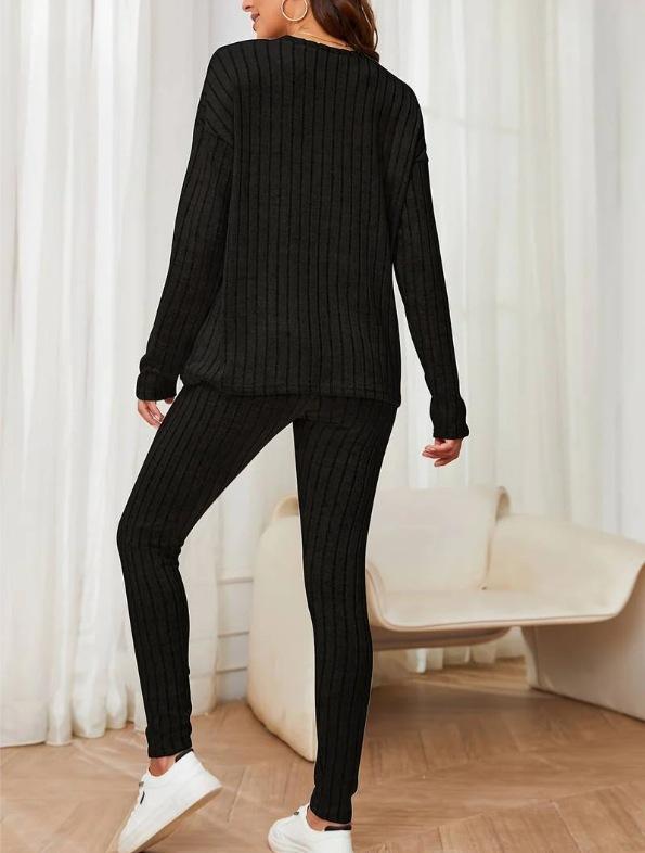 Cross-border two-piece set women s 2025 autumn new long-sleeved casual temperament loose round neck pocket knitted women s suit S чёрный